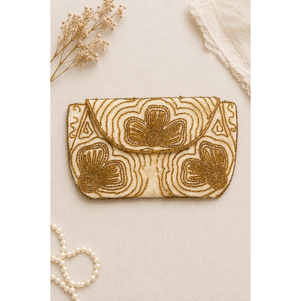Vintage Hudson's Bay Belgium Beaded Evening Bag Satin Gold Floral Clutch Purse‎